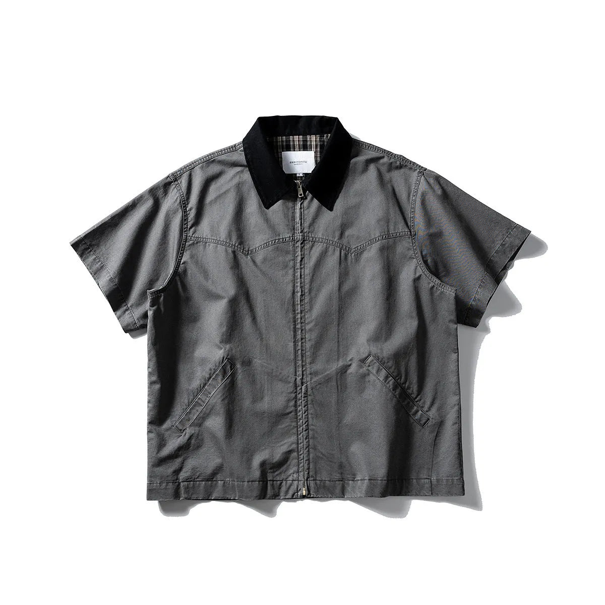 Washed cotton overalls shirt in short sleeve cardigan style, khaki colour, loose fit