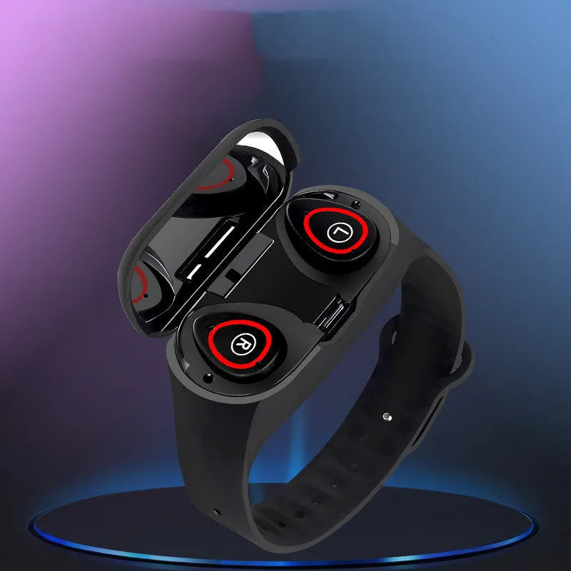 Smart bracelet earphone combination device with 1-inch screen on silicone wristband in black colour