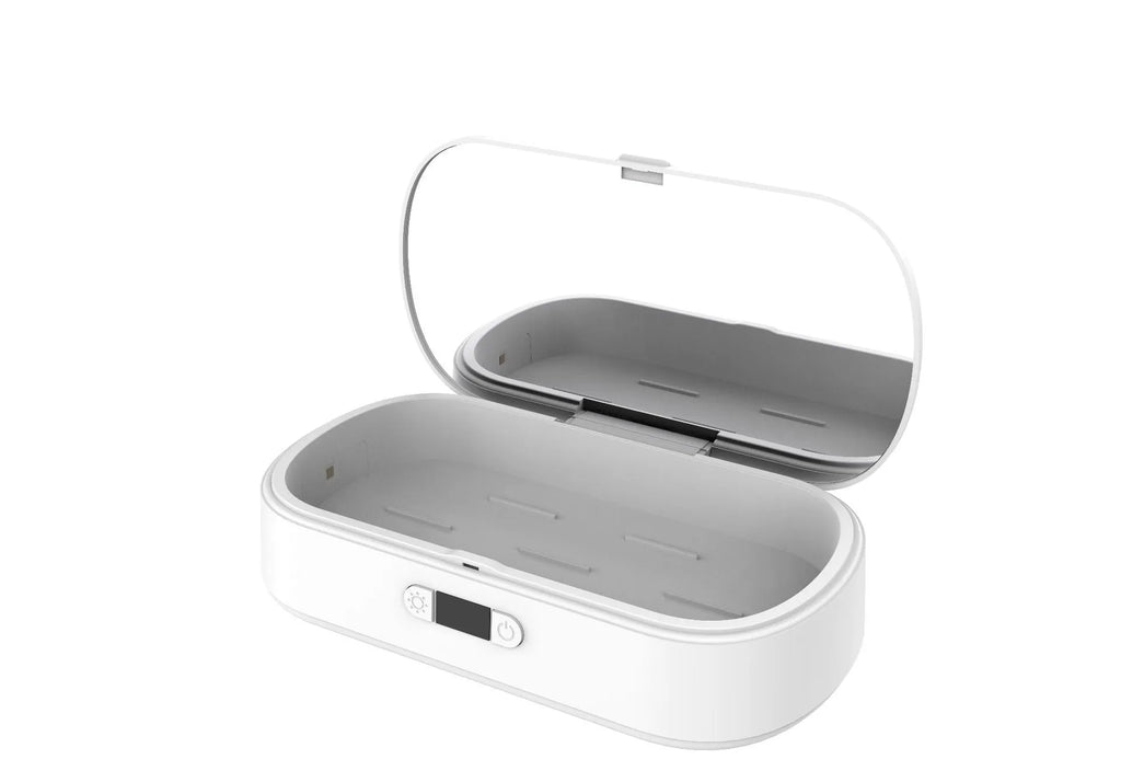 White portable UV steriliser box with wireless charging for phones and personal items