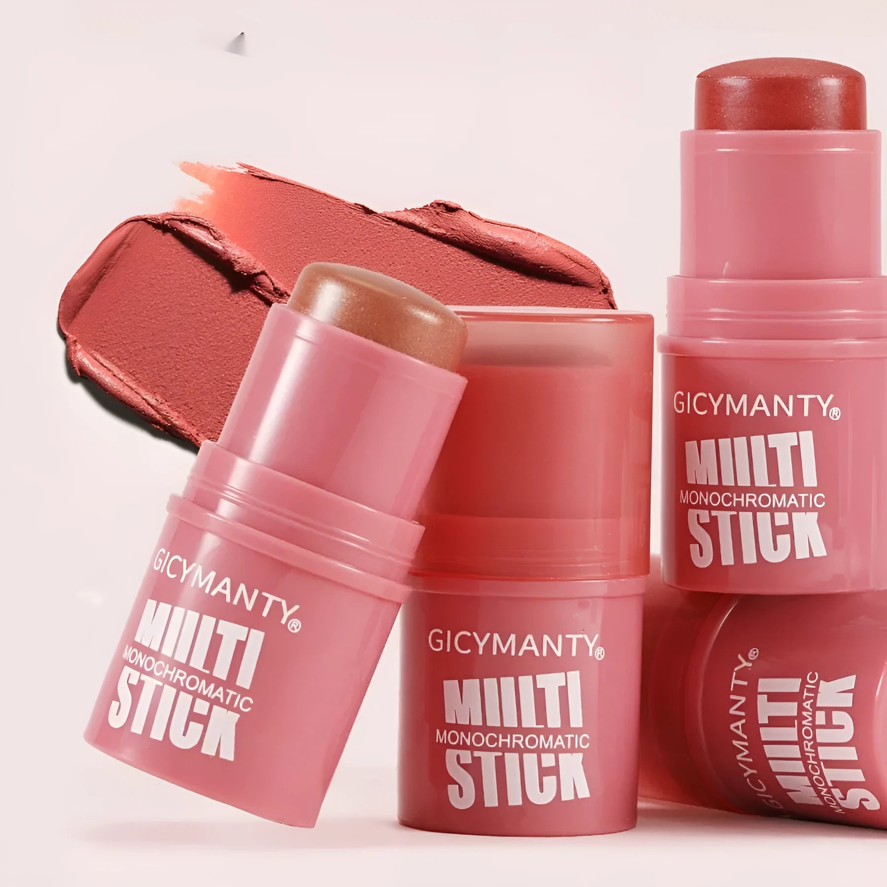 Makeup blush stick with glittering cream formula in plastic case, universal skin type, 4.2g