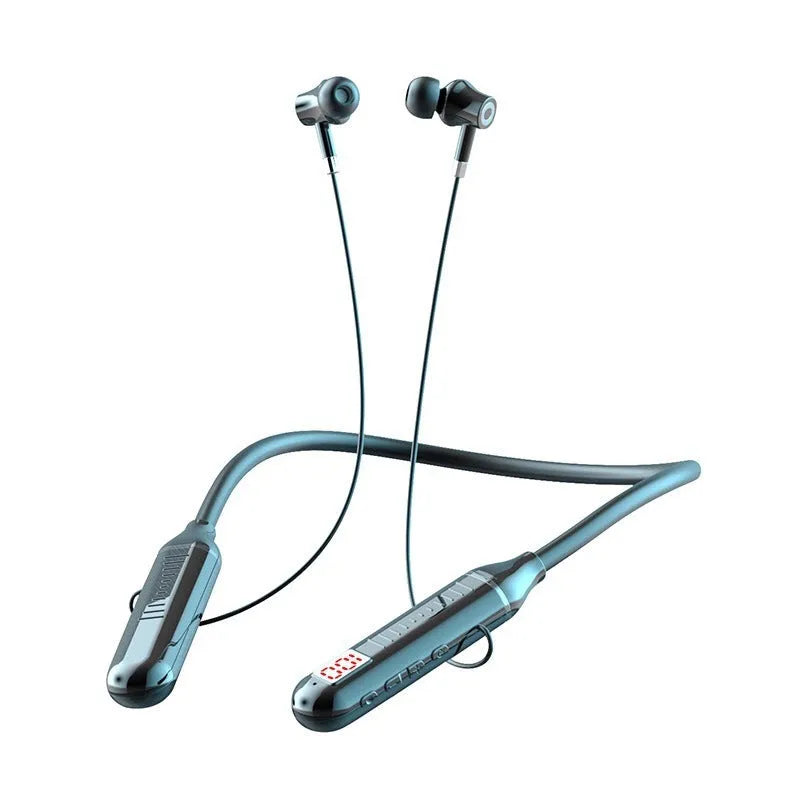 Wireless Bluetooth sports headset with neckband design and power display, shown in black colour option