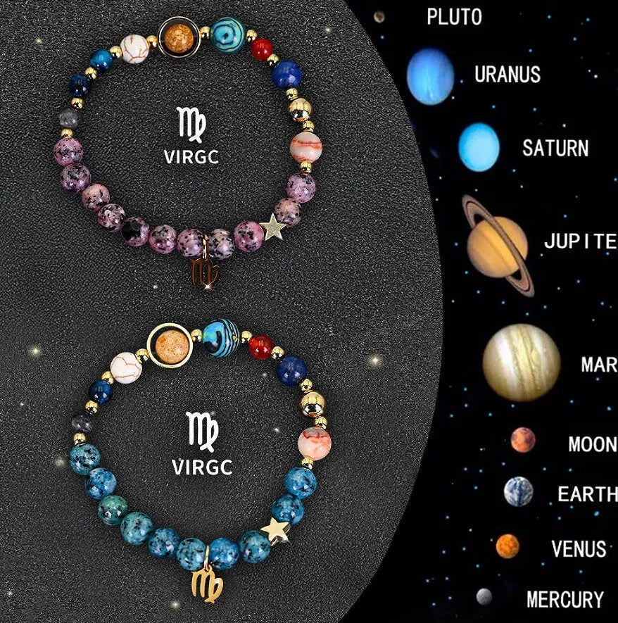 Two natural stone beaded bracelets for zodiac signs laid flat, showing varied bead colours and styles.