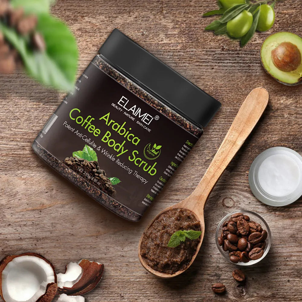 Coffee scrub exfoliating body scrub in a brown tub, 7.3 x 7.3 x 7.5 cm, with sea salt and organic coffee powder
