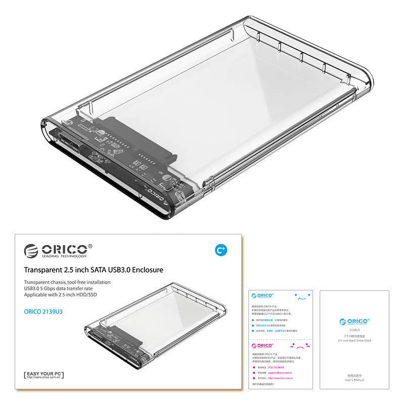 ORICO 2139U3 transparent 2.5 inch USB 3.0 SATA hard drive enclosure with blue LED light