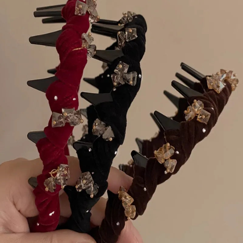 French velvet hairband with crystal wave decoration and non-slip strip in red, black, or coffee