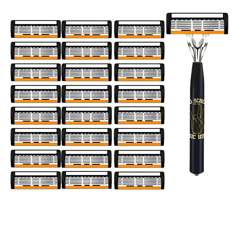 Black manual shaver handle with six-layer finger grip design and multiple blade configurations