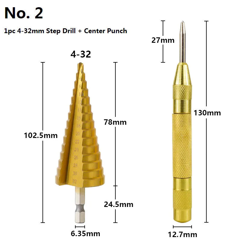 High-speed steel cone step drill bits and a centre punch set on a workshop bench
