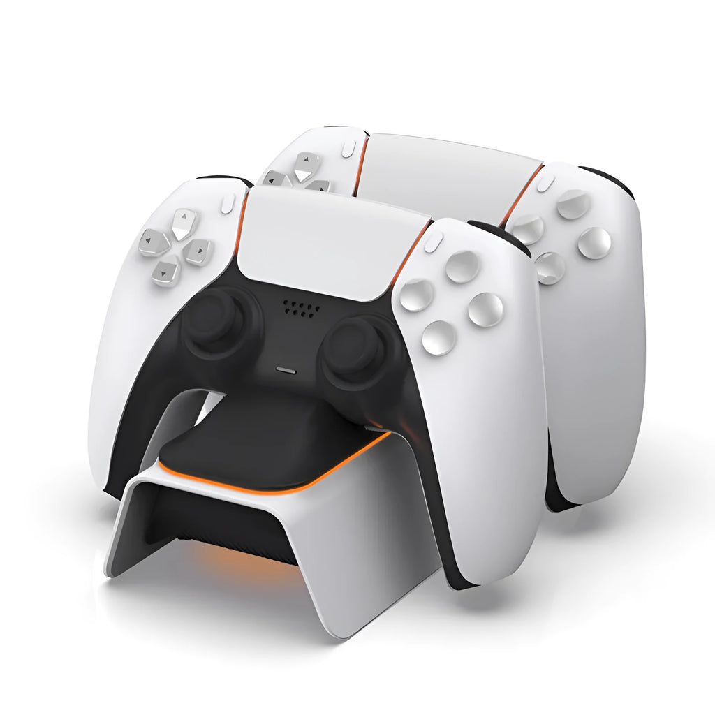 White PS5 dual controller charger with ABS body and UK plug charging two wireless gamepads