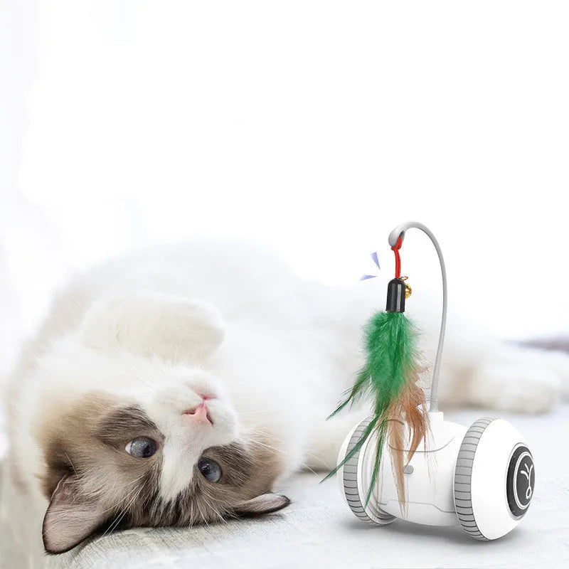 White and grey automatic interactive cat toy with interchangeable feather accessory on a floor, USB cable attached