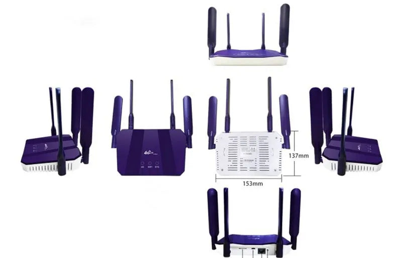 Blue 4G dual-mode router with four external antennas for wireless and wired internet connectivity