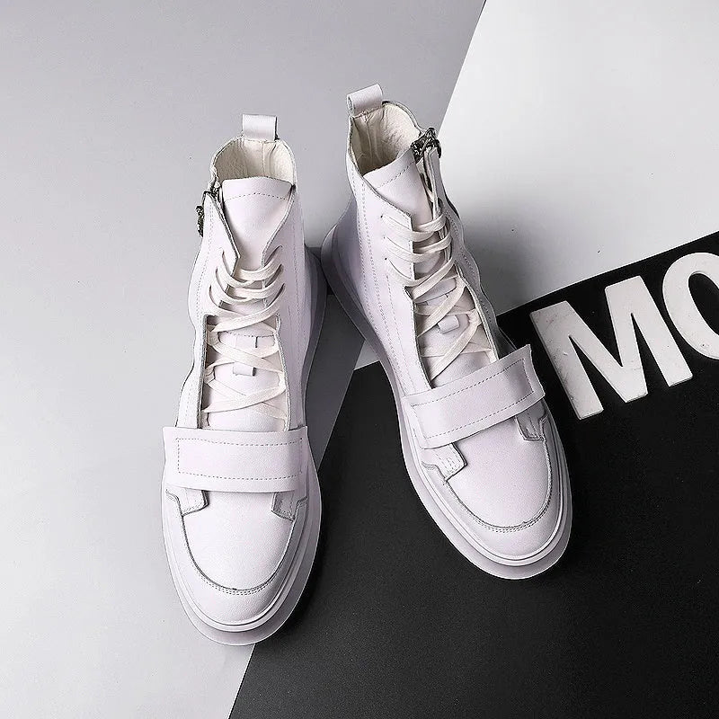 Men's black and white high-top sneaker style winter ankle boots made from PU leather microfiber.
