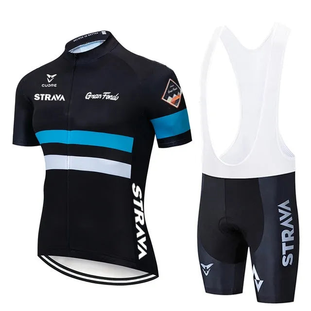 Summer mens cycling jersey and bib shorts set in short suit colour, polyester lycra fabric, side view on bike