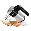 White 500W 5-speed electric hand mixer with beaters and dough hooks on a kitchen counter