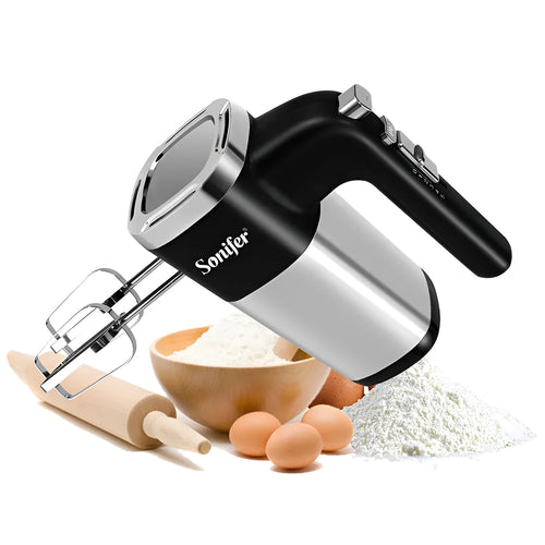White 500W 5-speed electric hand mixer with beaters and dough hooks on a kitchen counter