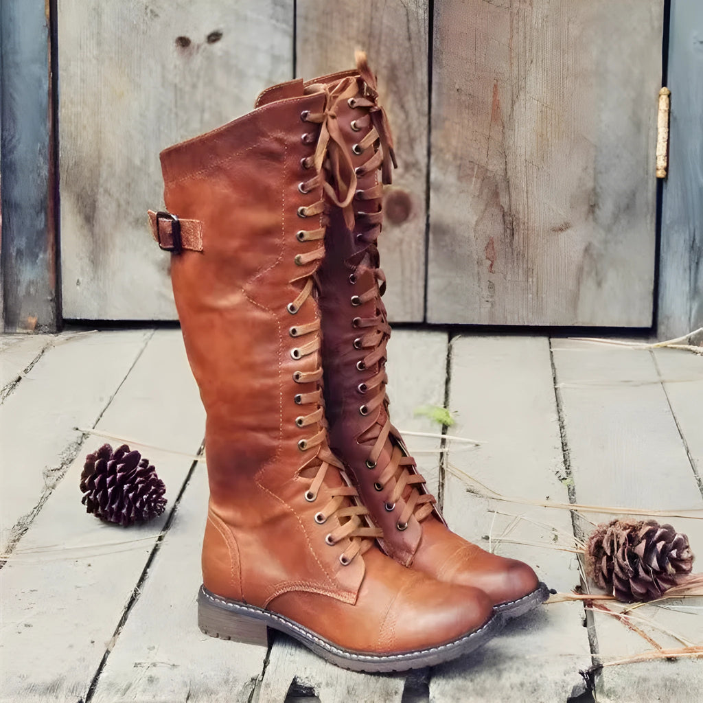 Chunky heel high leg boots in black, wine red, or brown with round toe and cotton lining