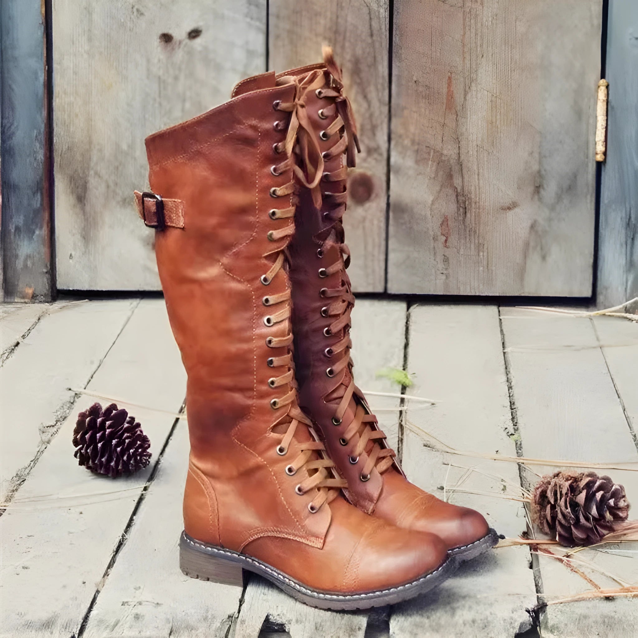 Chunky heel high leg boots in black, wine red, or brown with round toe and cotton lining