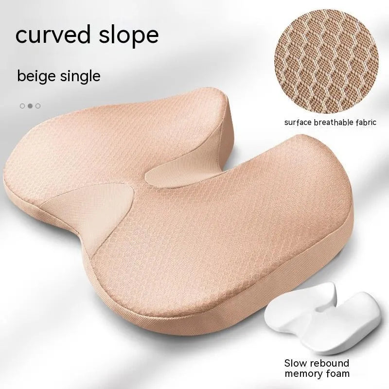 Curved bevel seat cushion with memory foam for tailbone support during driving