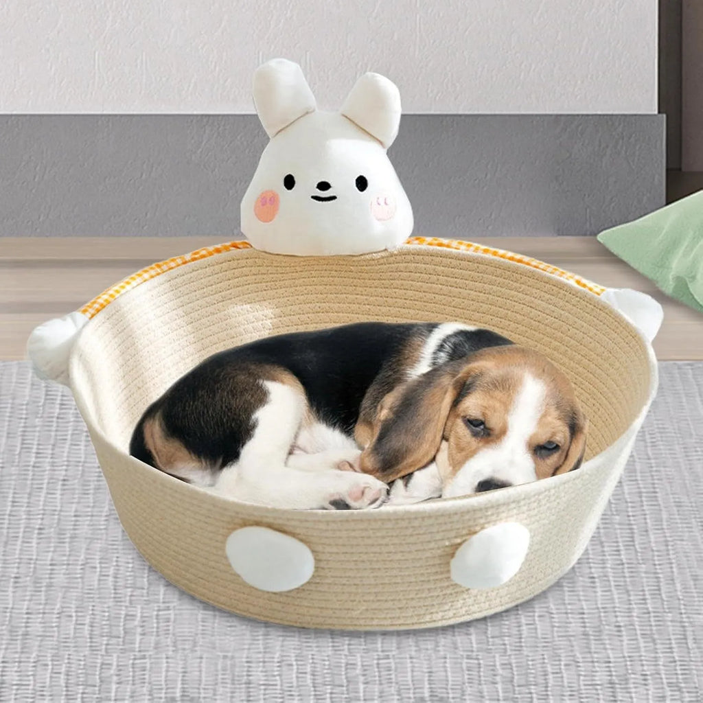 Cotton rope woven cat bed with scratching board rabbit motif for indoor cats