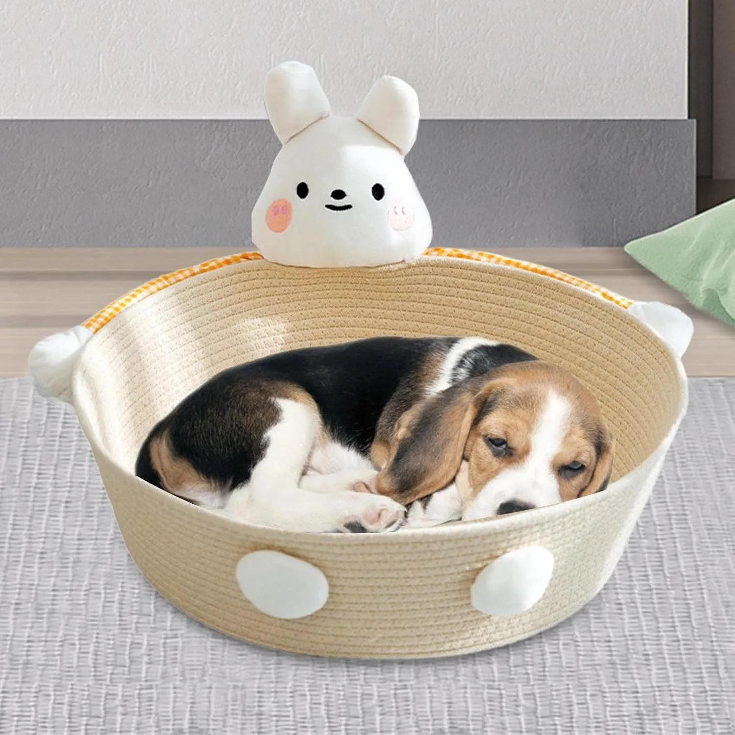 Cotton rope woven cat bed with scratching board rabbit motif for indoor cats