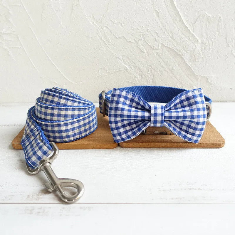Blue checkered polyester dog bow tie on a collar, XS to XL size options available