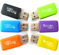Mini USB card reader for TF MicroSD cards with an SD card size adapter.