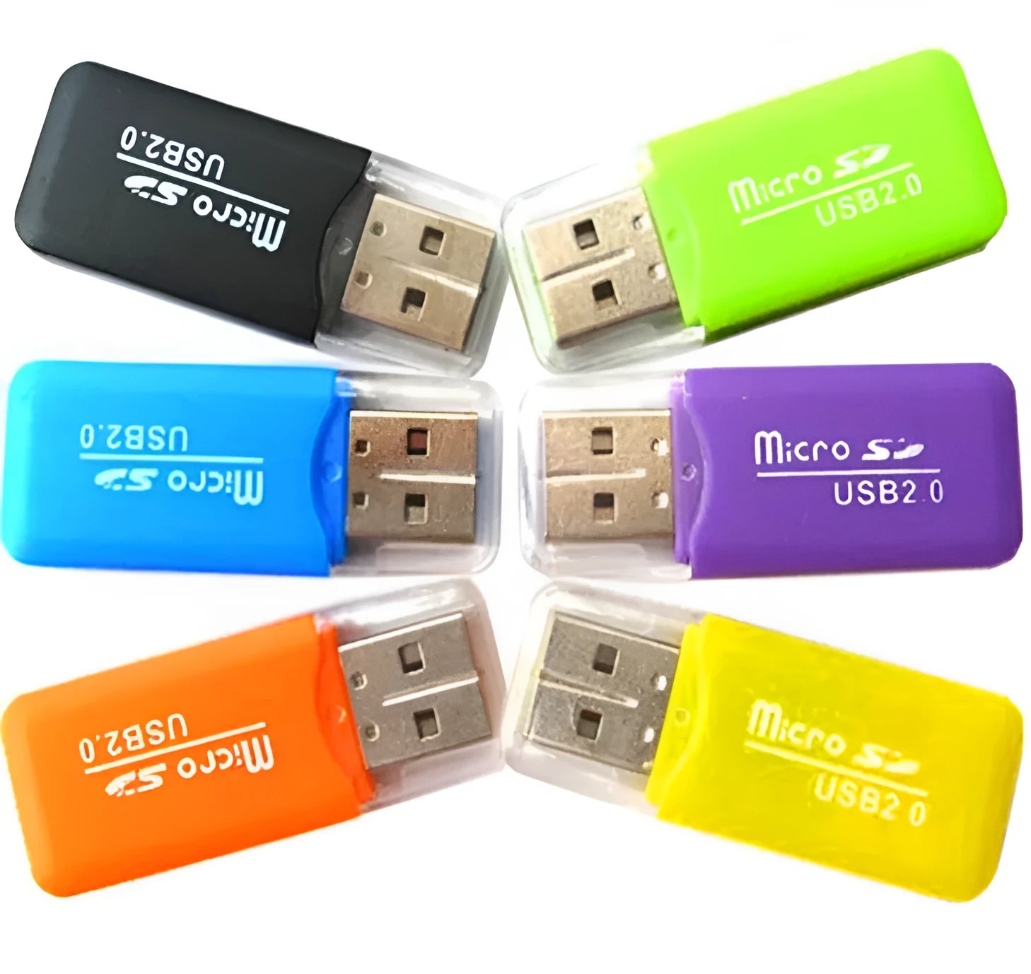 Mini USB card reader for TF MicroSD cards with an SD card size adapter.