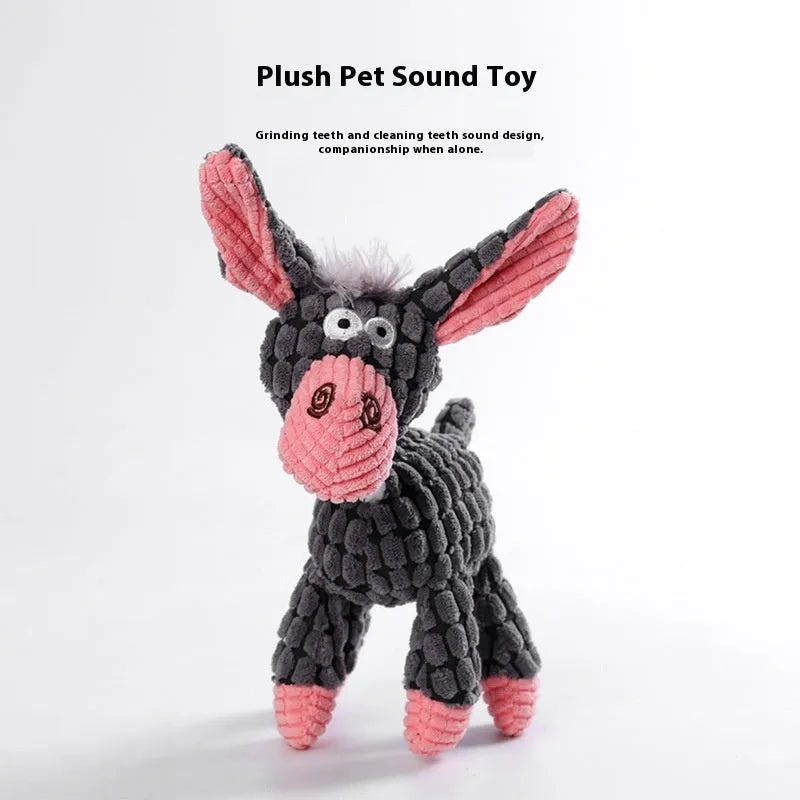 Assortment of soft plush pet toys including a rechargeable duck, a donkey, and companion animals for puppy teething.