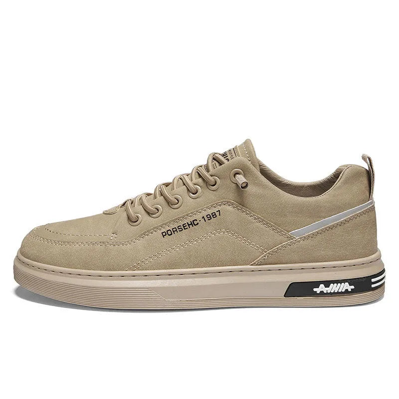 Men's waterproof casual work shoes with rubber soles in black, gray, and khaki colour options