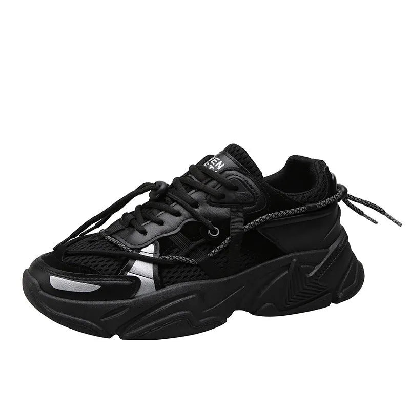 Men's white platform dad shoes with lace-up front, shown on a light background