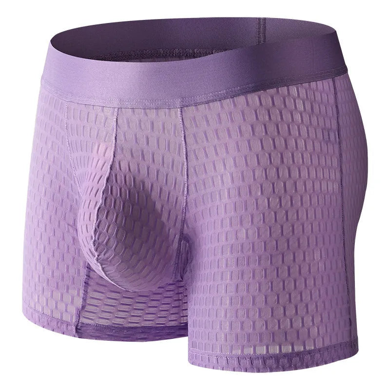 Men's low waist lace mesh boxers in a geometric pattern, available in multiple colours.