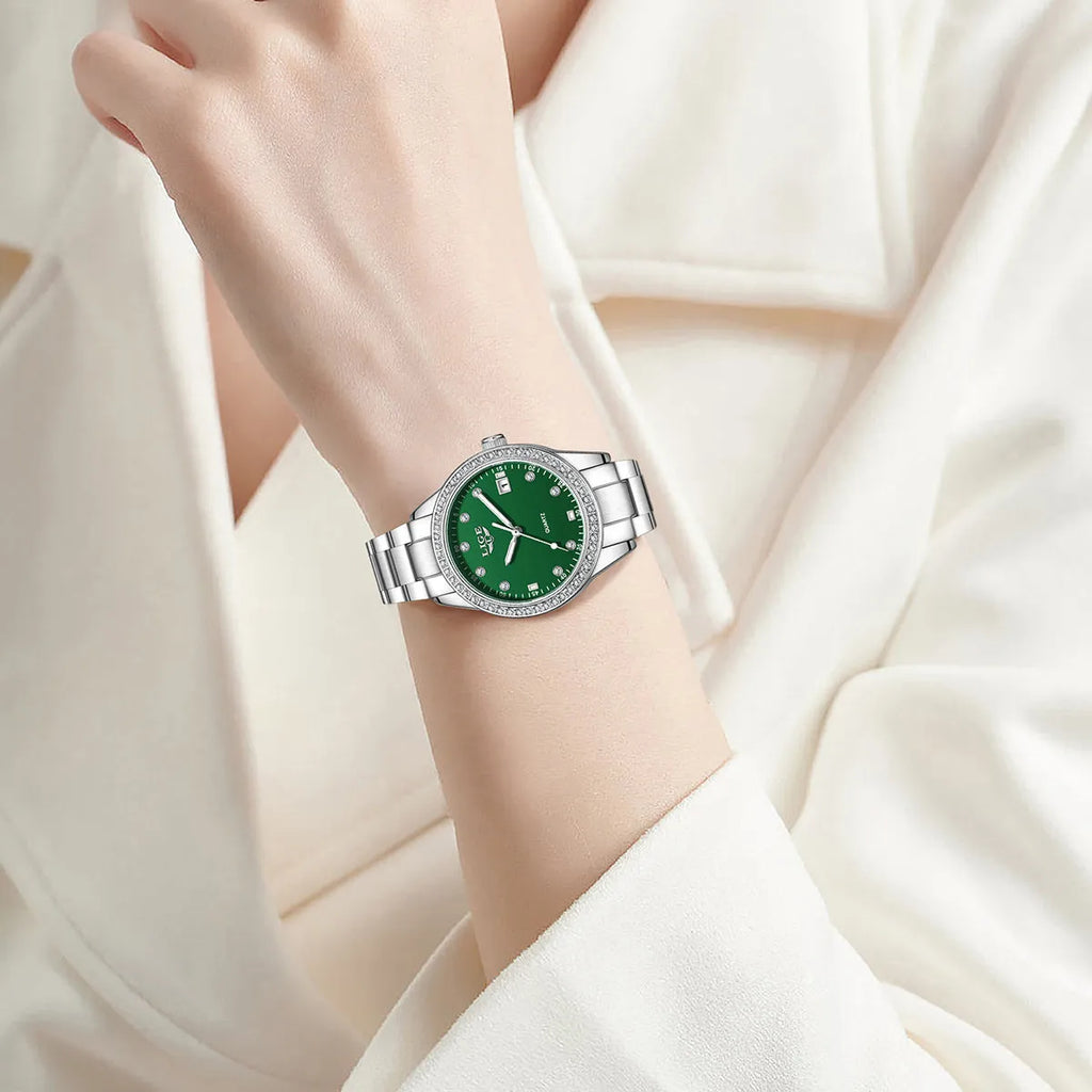 Women's fashion quartz watch with diamond-encrusted dial and luminous hands in stainless steel case
