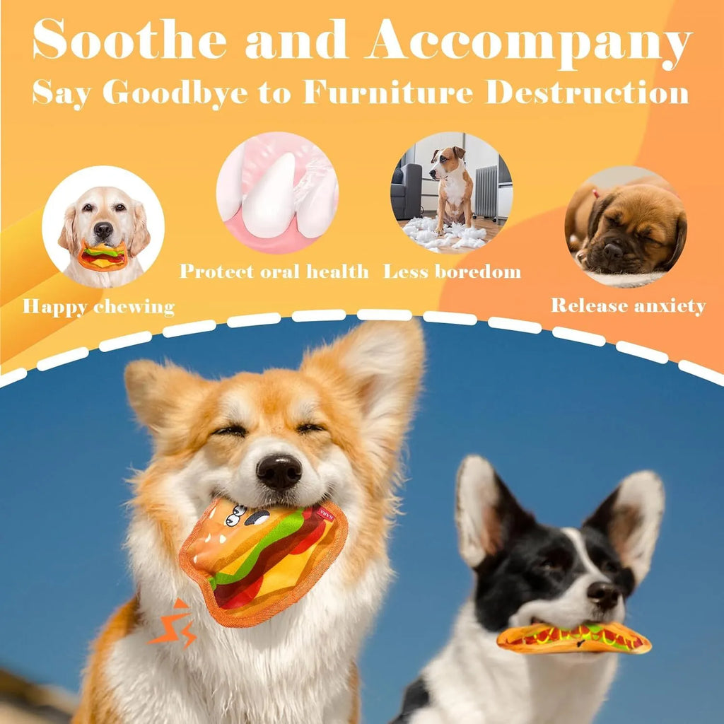 Crinkle and squeak dog toy in hamburger shape for interactive chew play