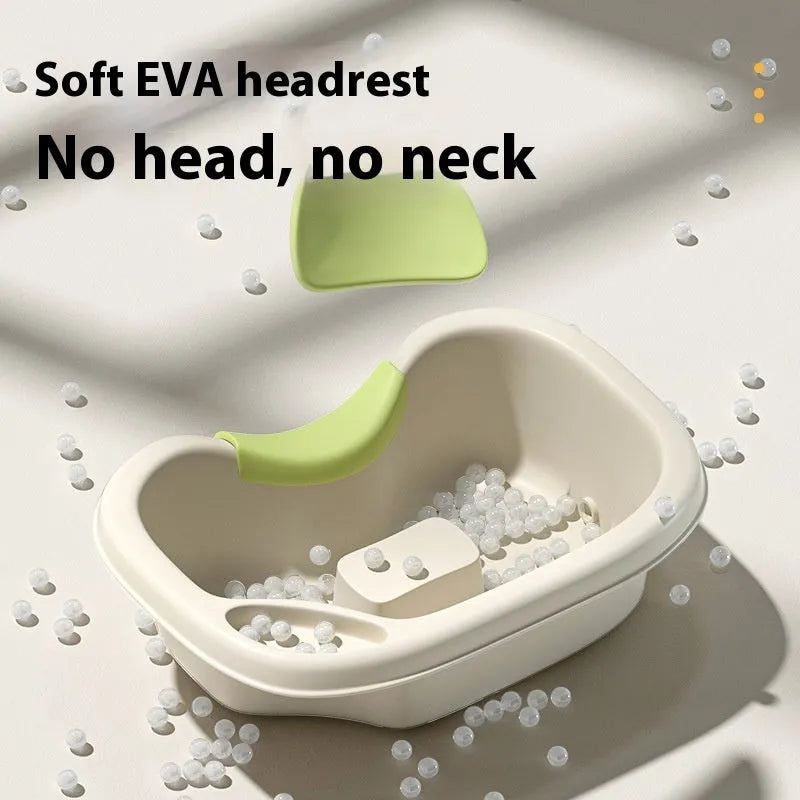 Portable plastic shampoo basin set with head pillow, water pump, hose, bailer, and brush for washing hair in bed