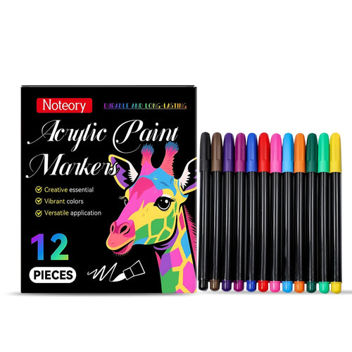 Pack of 12 acrylic paint markers for crafts on multiple surfaces like wood, glass, and canvas.