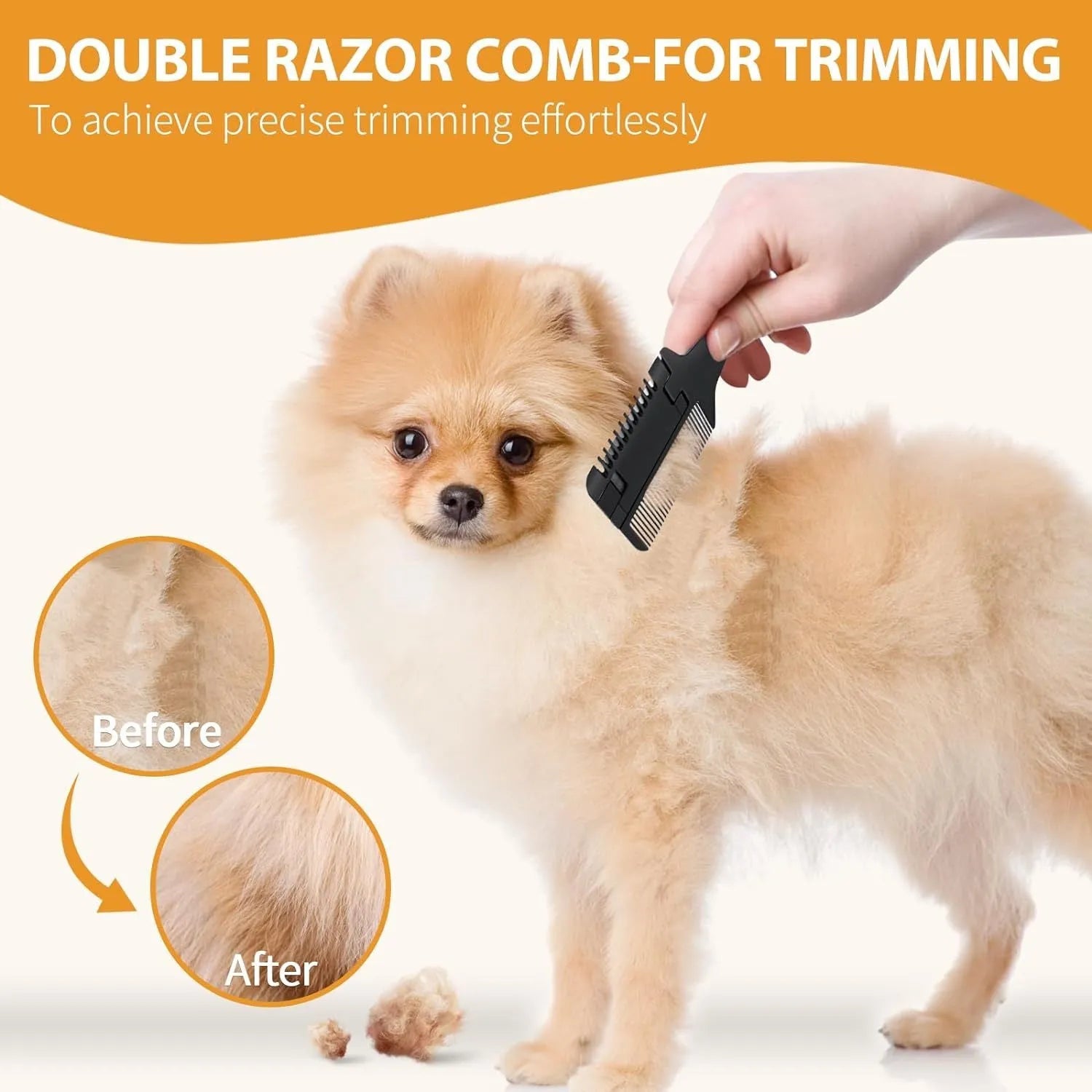 A razor comb for dog and cat grooming with a black plastic handle and metal blades, shown with spare blades.
