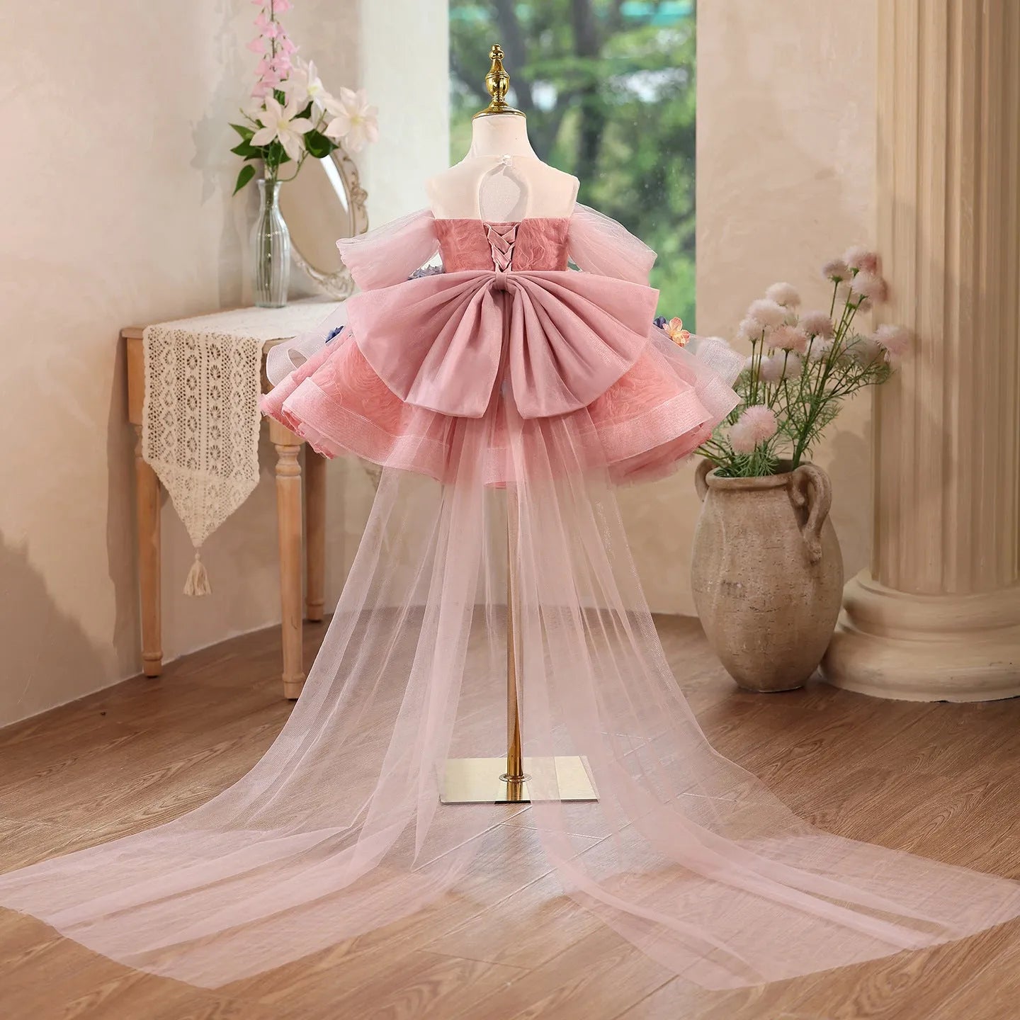 FARCENT Mori style girls' dress in Advanced Bean Pink polyester for piano performance, front view