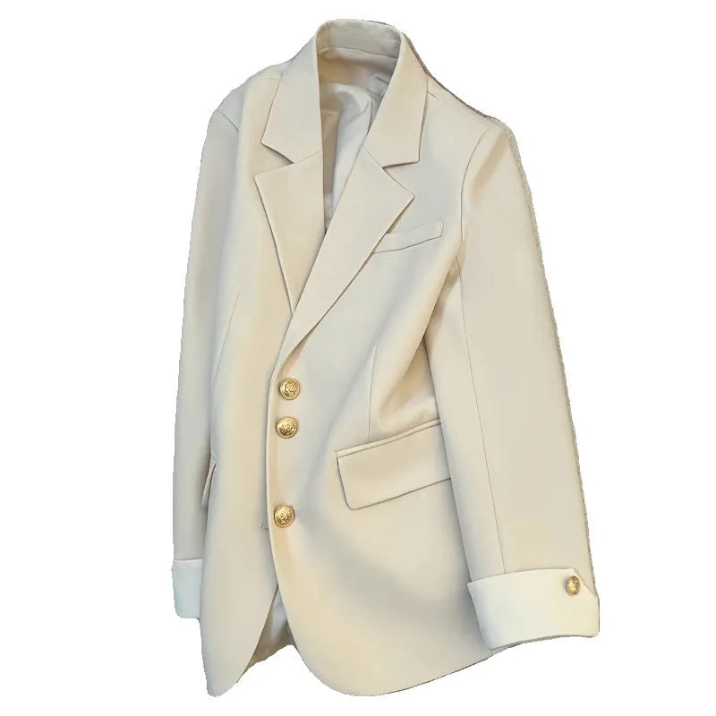 Women's Korean style loose fit coat in milky white with pockets and mid-length cut