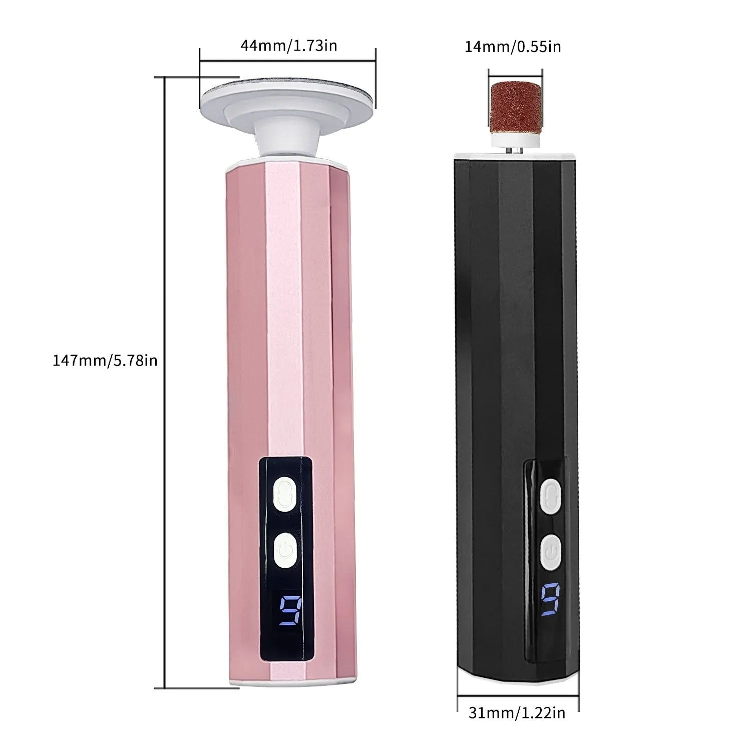 USB-powered electric callus remover foot file with sandpaper discs, in pink, black, or purple colour.
