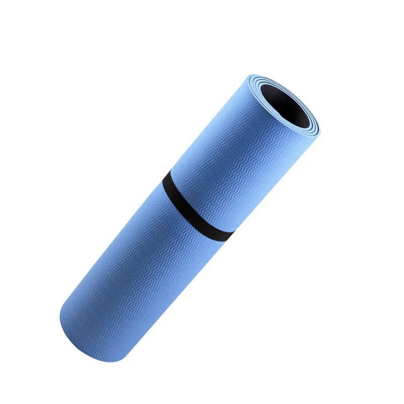 Blue conductive yoga mat with grounding wire, plants and flowers pattern, 182cm long by 61cm wide