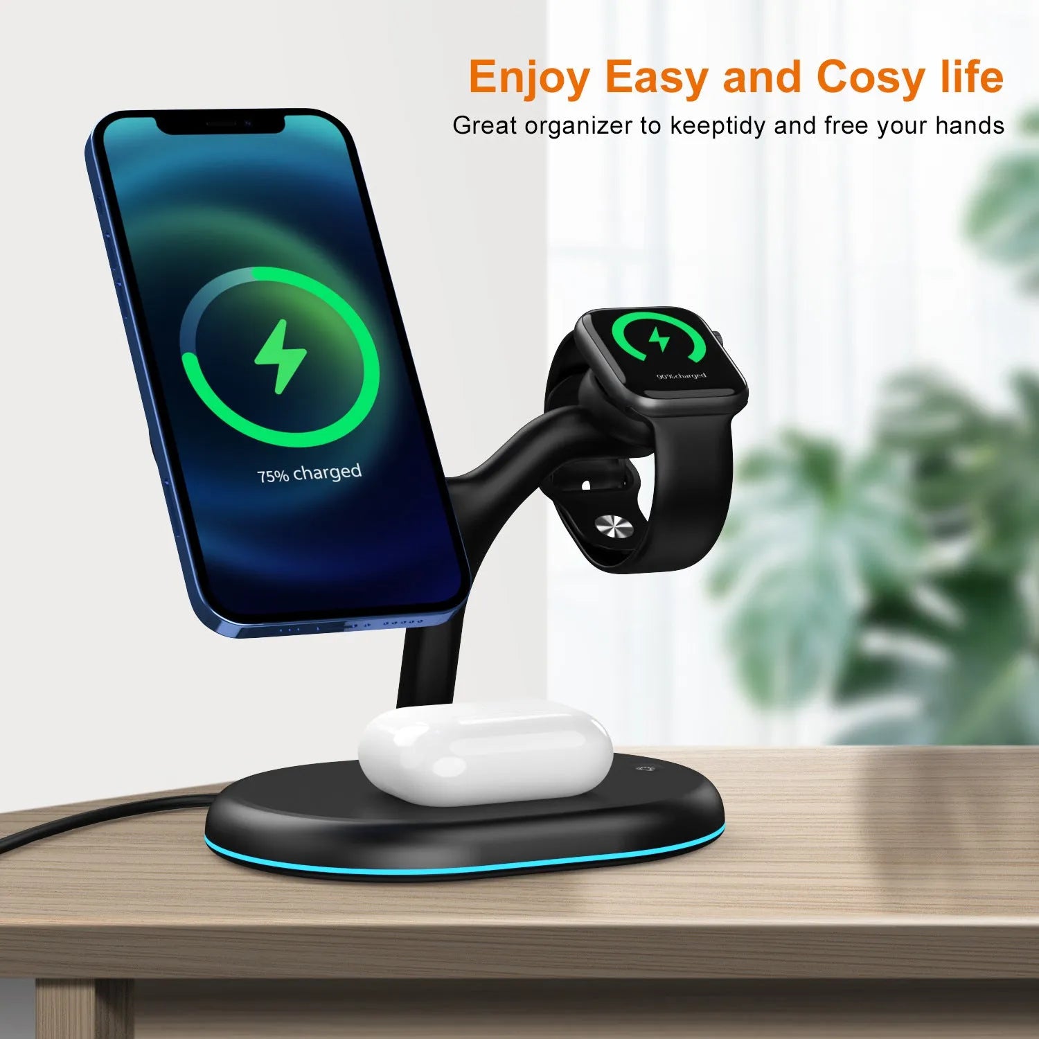 Black ABS magnetic wireless charger with three-in-one design for mobile devices