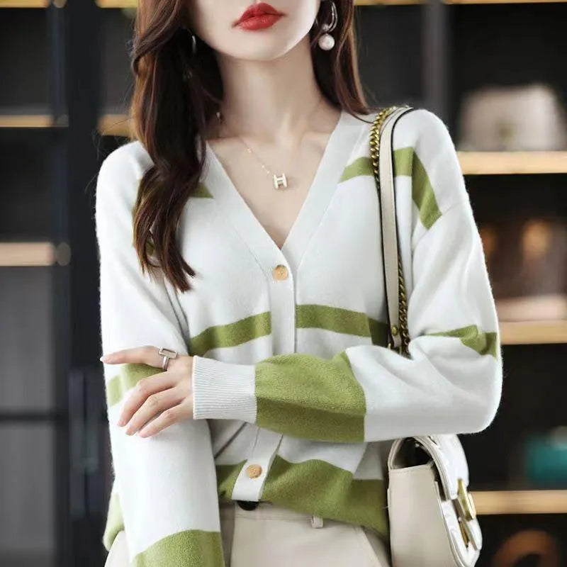 Women's striped knitted cardigan with 3D pattern texture and V-neck