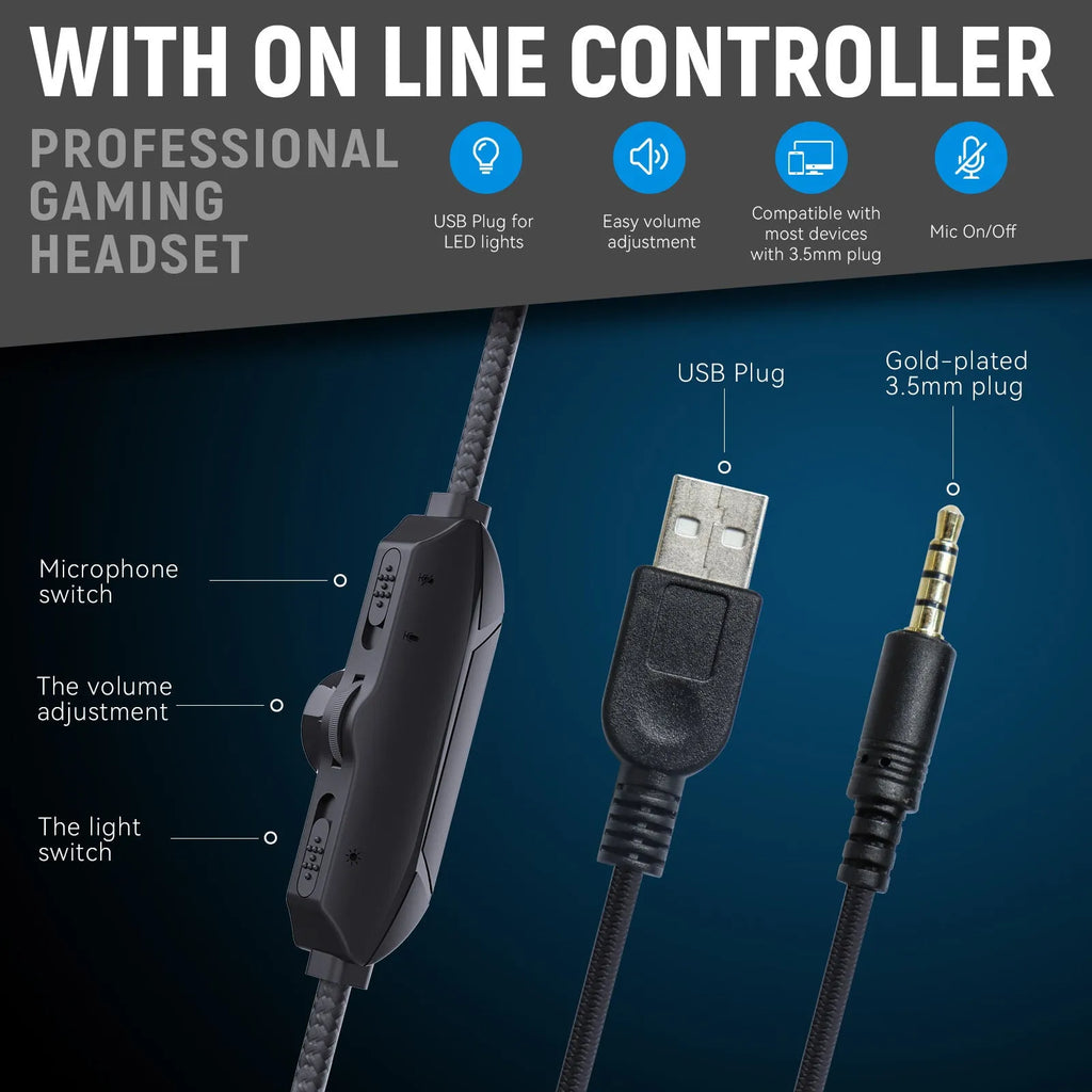 Multi In One Game Wired Headphones with 50mm drivers and protein PU leather earmuffs on a black background