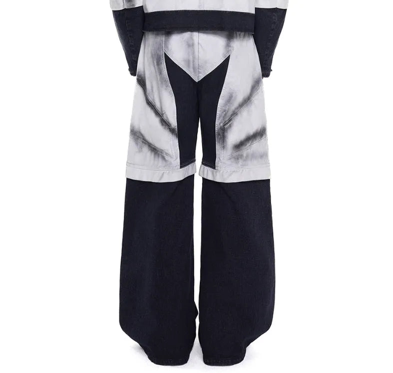 Men's short leather patchwork denim coat with hand-painted spray details, front zip, and lapel collar
