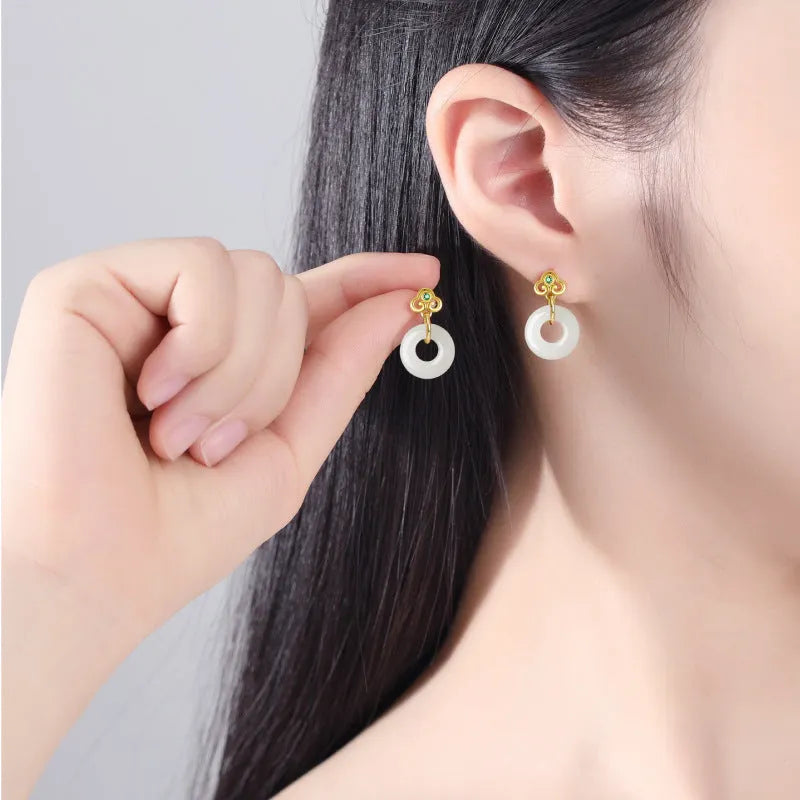 Pair of S925 sterling silver Ruyi safety buckle earrings with natural Hetian jade centrepiece, 20mm height