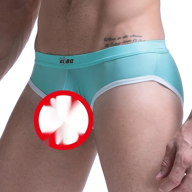 Men's ice silk bazooka briefs in multiple colours showing quick-drying fabric and bullet separation design