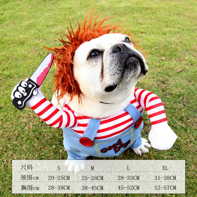 Brown dog wearing a polyester dagger costume with knife design, standing pose, autumn setting