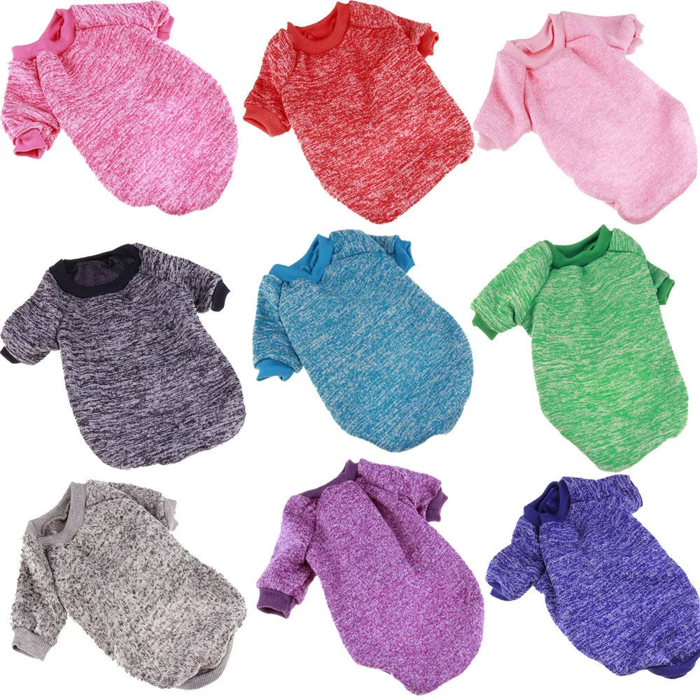 Colorful cotton two-legged pet sweater for small dogs, with neck and chest measurements, available in multiple sizes