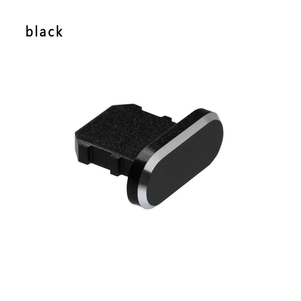 Aluminium alloy charging port dust plug for iPhone in various colours including gold, silver, and rose gold.