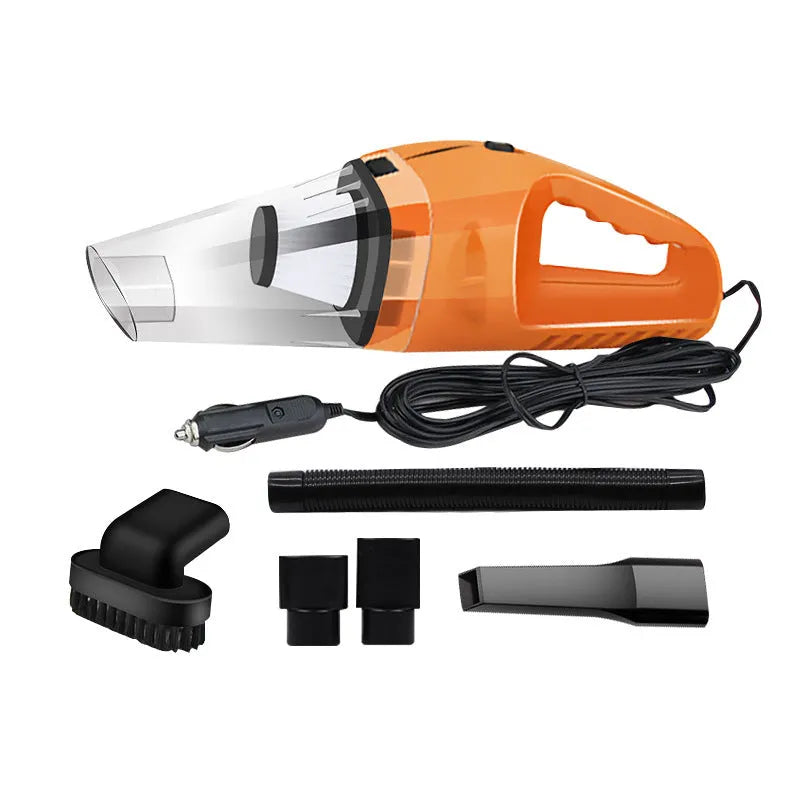 Orange, black, and blue coloured 12V handheld car vacuum cleaner with nozzle attachments on a 5m cord.