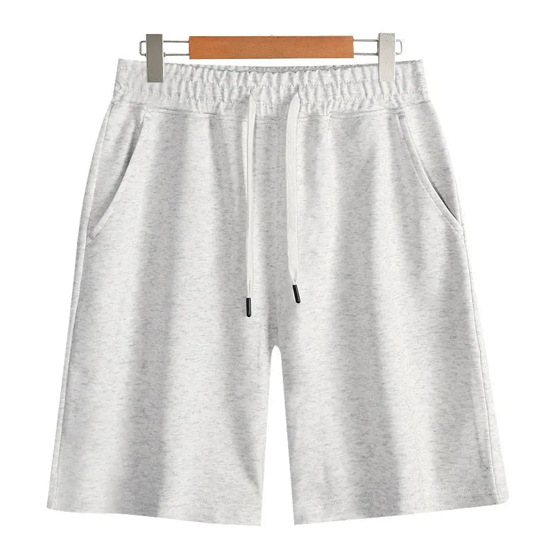 Men's cotton straight leg sports shorts in light grey with elastic waistband